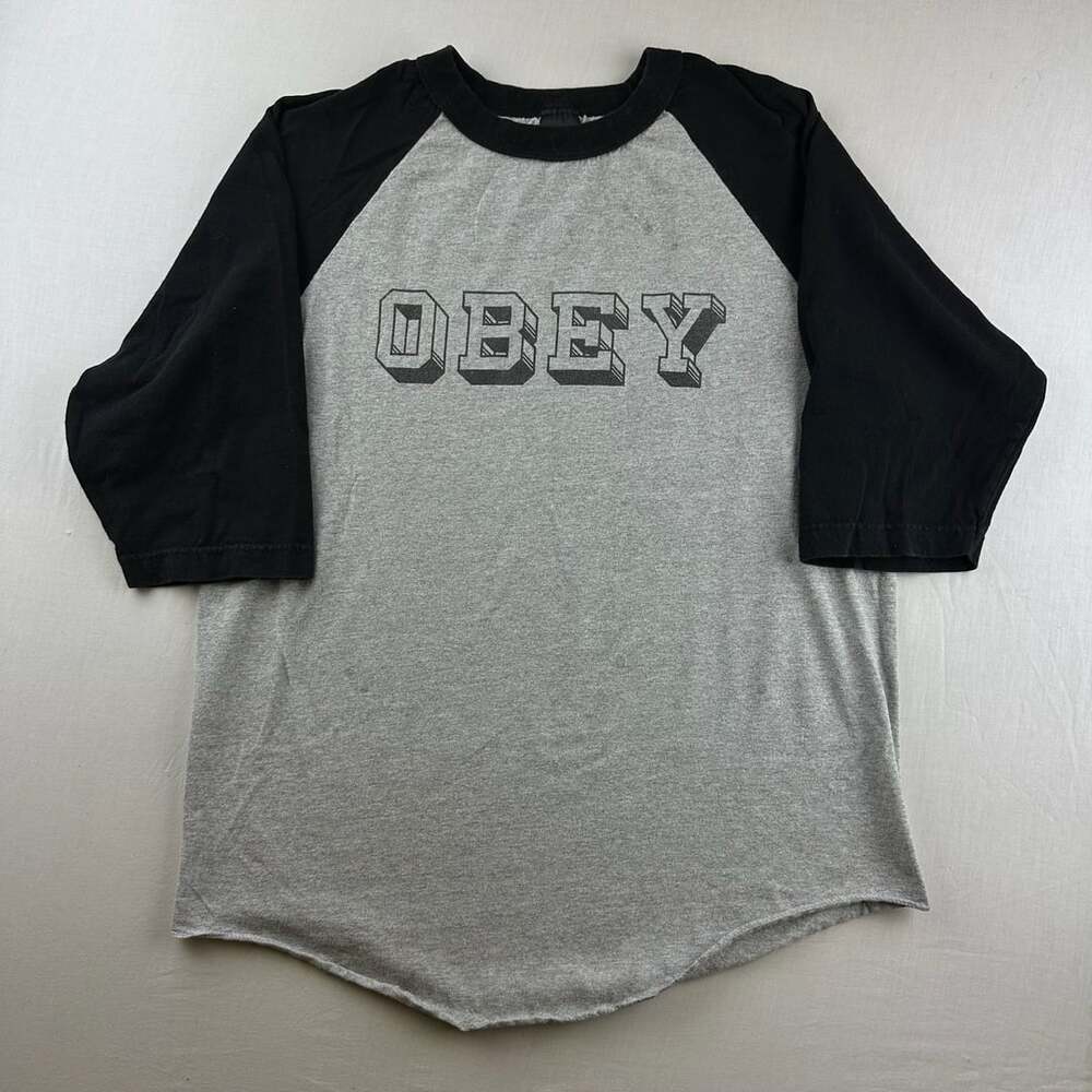 Obey Baseball Shirt Size L Black Gray Raglan 3/4 Sleeve